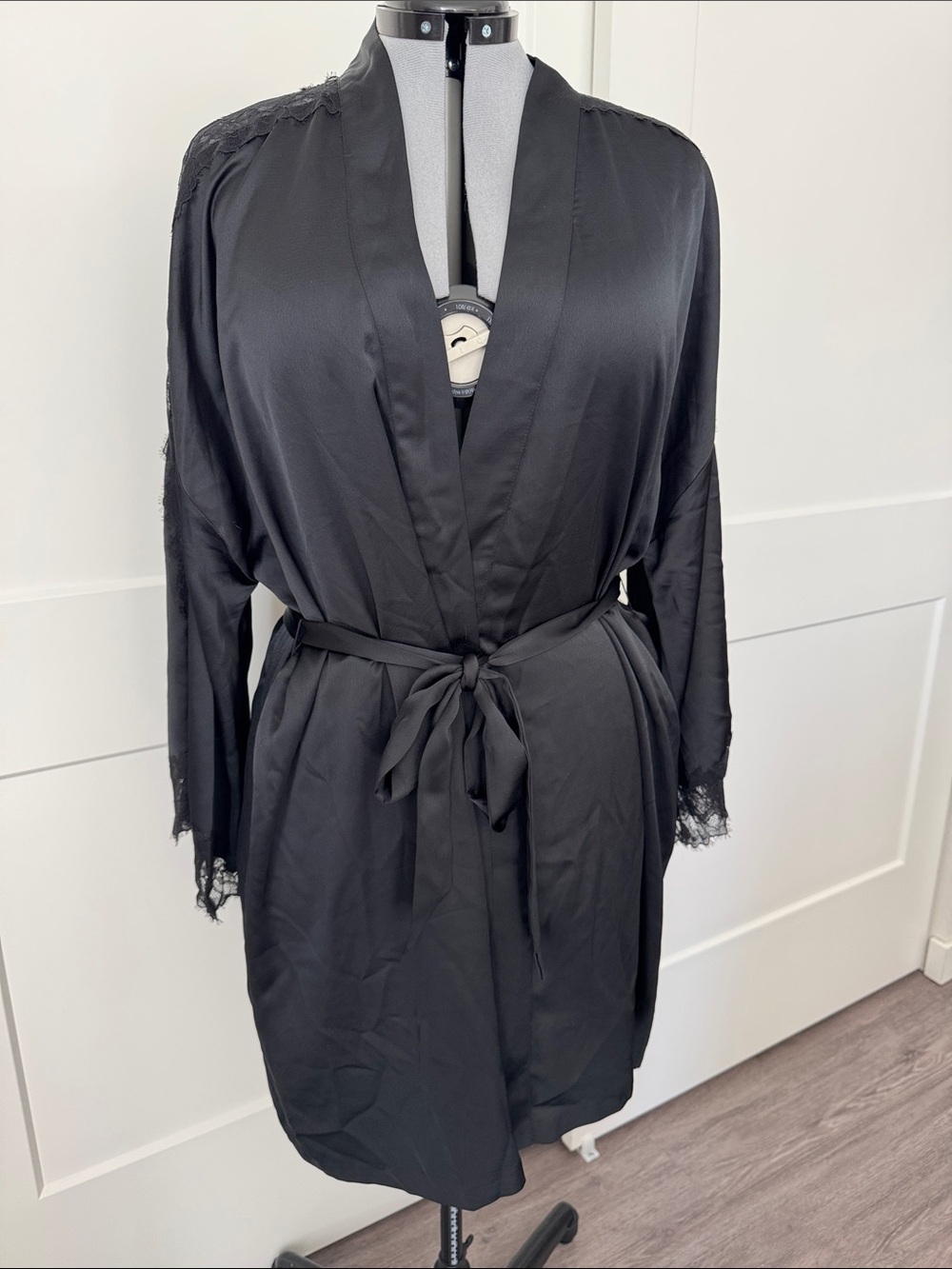 Victoria's Secret Black Satin Lace-Trim Wrap Robe